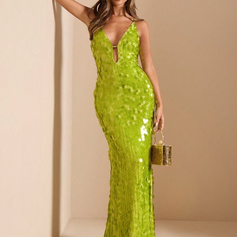 Green Party Women's Deep V-Neck Hollow Lace-Up Slim Fit Luxury Sequin Dress